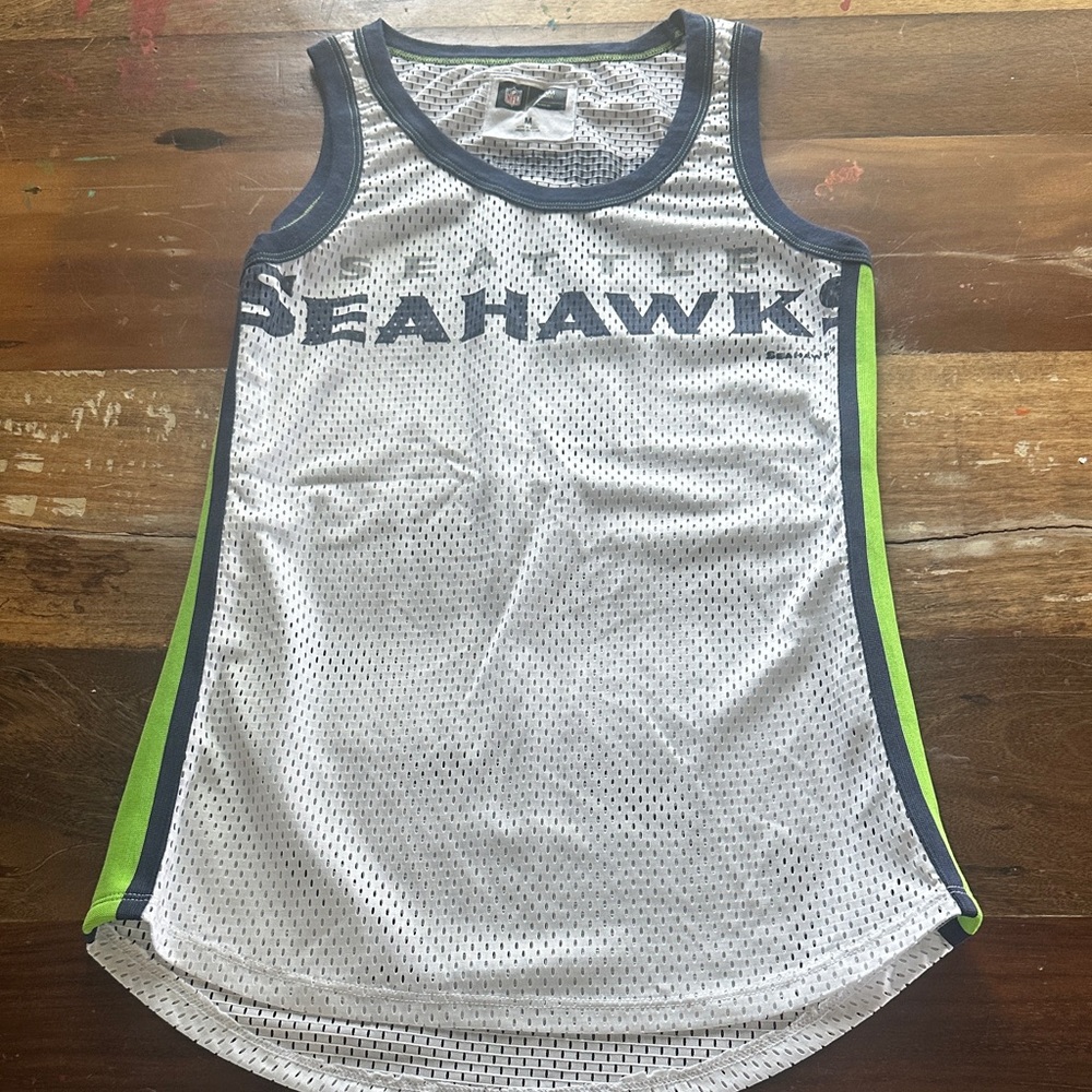 Seahawks Women's Mesh Tank Jersey in White with Navy and Neon Green